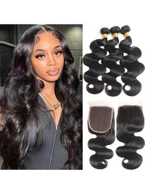 Human Hair Body Wave Bundles with 4x4 Lace Closure 10 Inch Brazilian Virgin
